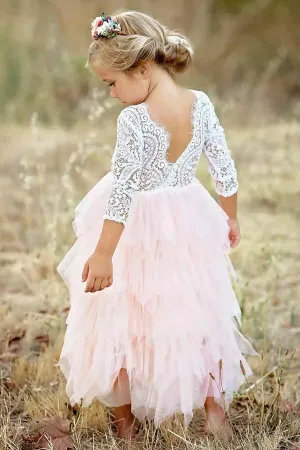 A-Line Scoop Tea-Length 3/4 Sleeves Pink Flower Girl Dress with Lace Ruffles  FL05