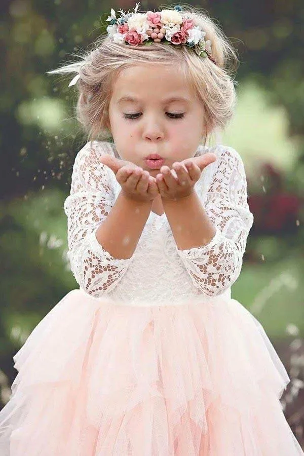 A-Line Scoop Tea-Length 3/4 Sleeves Pink Flower Girl Dress with Lace Ruffles  FL05