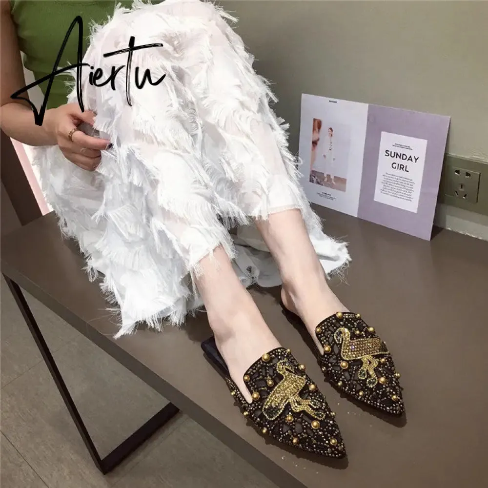 Aiertu  Women's Flat Pointed Toe Closed Slip-on Slippers Rivet Summer Slip-on Loafer Women Mules Backless Low Heel Ladies Shoes Designer