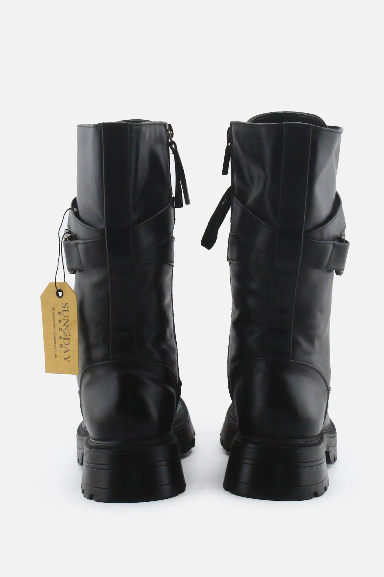 Bershka Zipper Laces Buckle Straps Combat Ankle Boots | 100% Authentic Leather