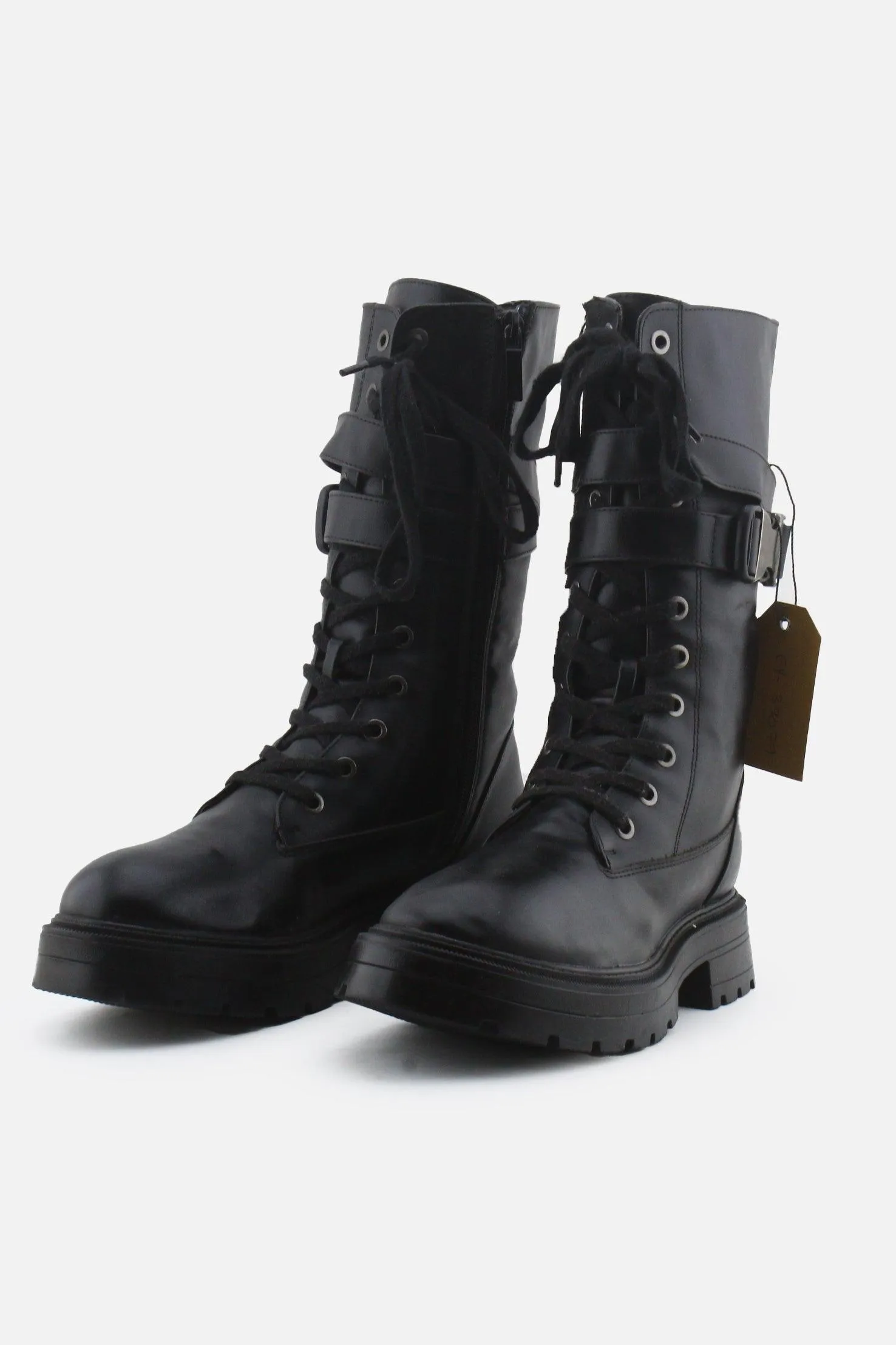 Bershka Zipper Laces Buckle Straps Combat Ankle Boots | 100% Authentic Leather