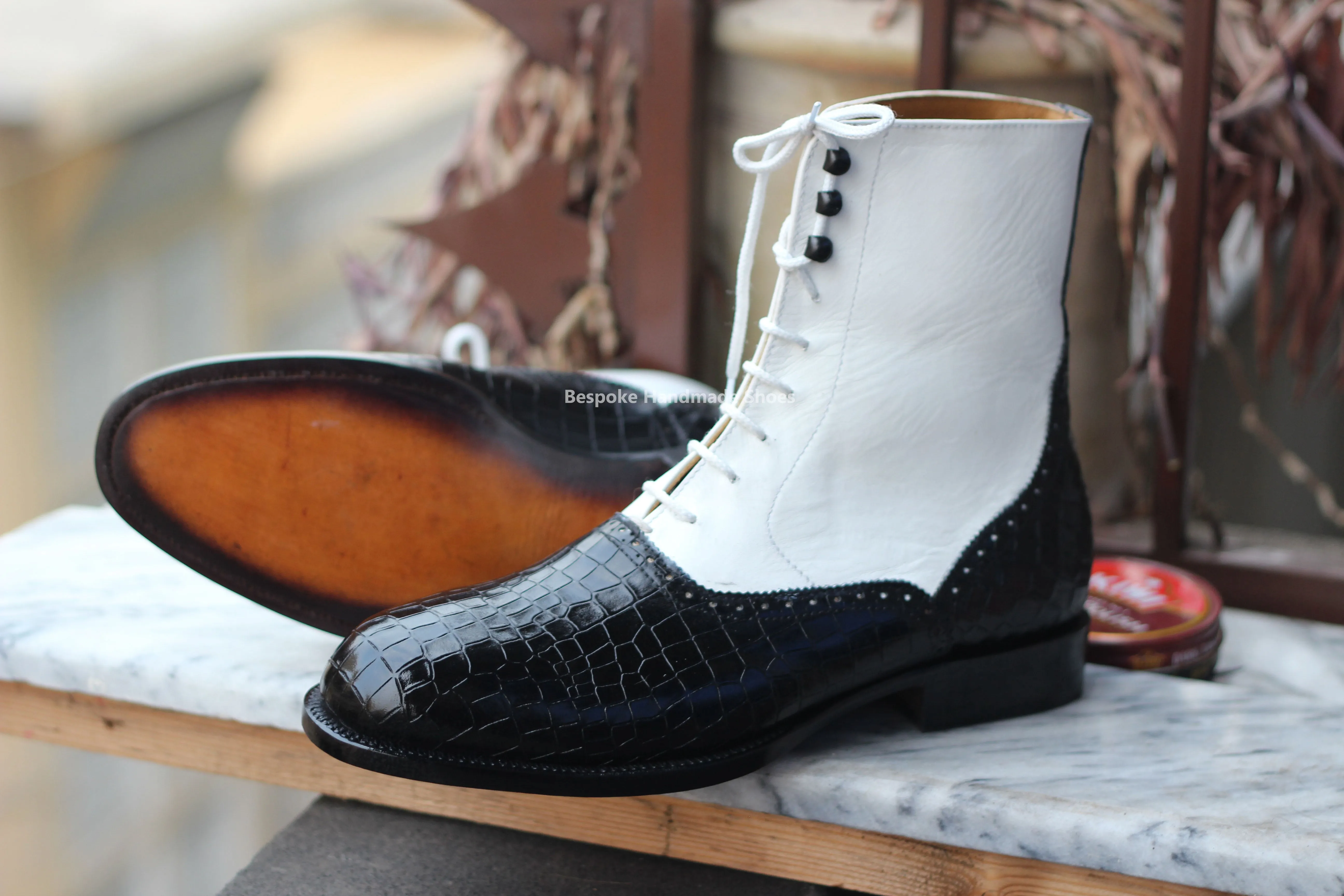 Bespoke Handmade Men's Black Alligator Leather, White Leather Oxford Lace Up High Ankle Formal Boots Men