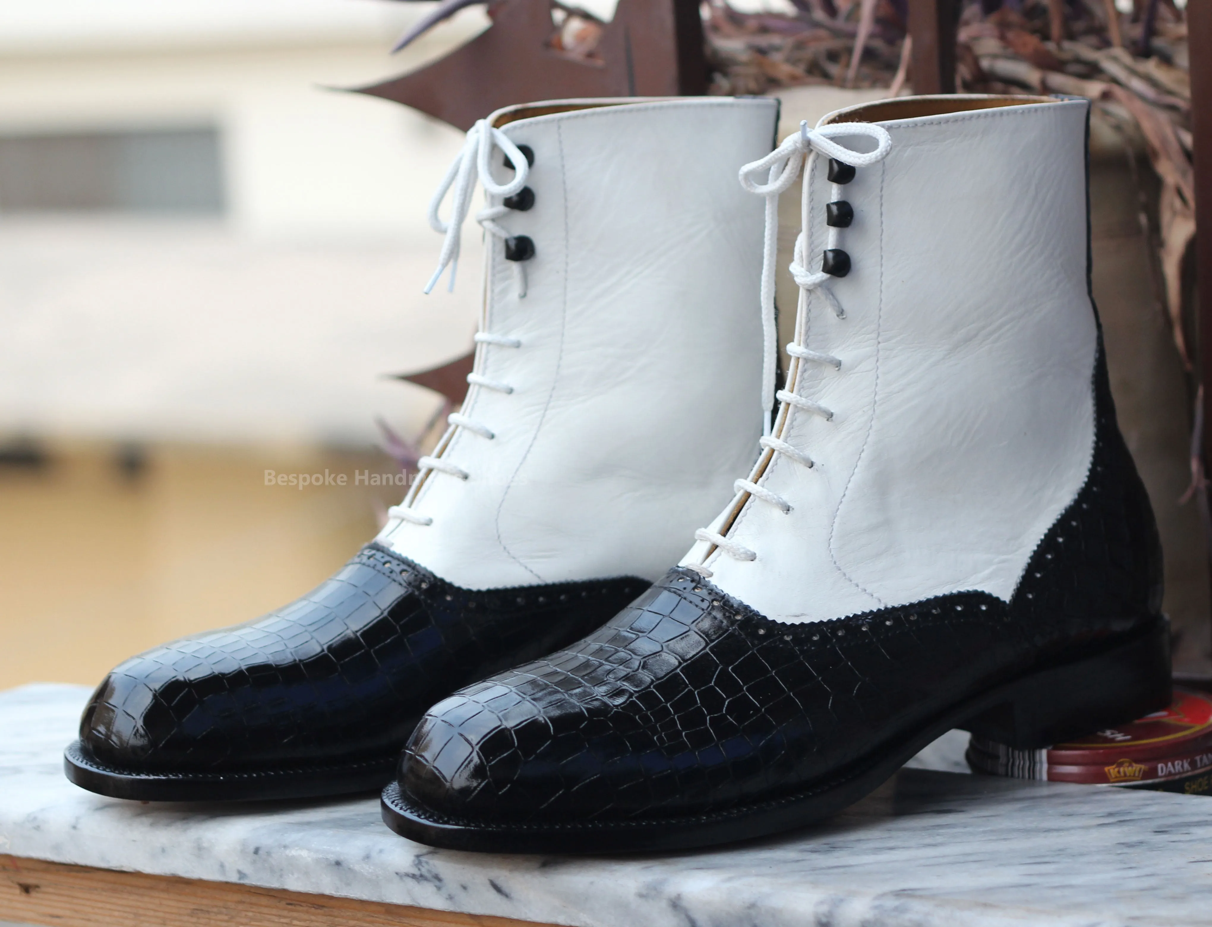 Bespoke Handmade Men's Black Alligator Leather, White Leather Oxford Lace Up High Ankle Formal Boots Men