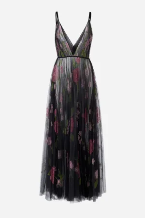 Black Floral Embroidered Tulle V-Neck Dress