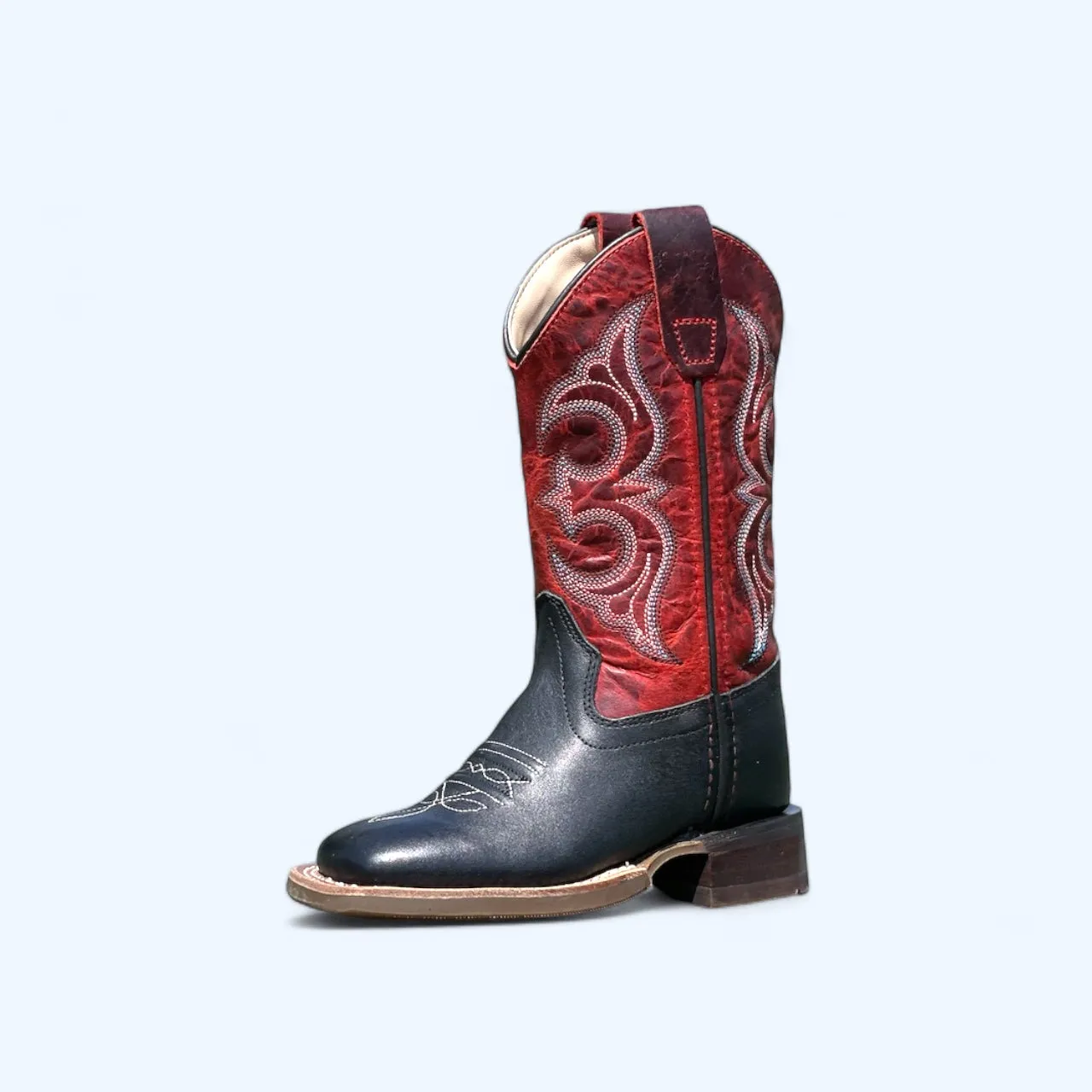 Boy’s Old West Leather Black and Ruby Red Square Toe Boot BSC1972