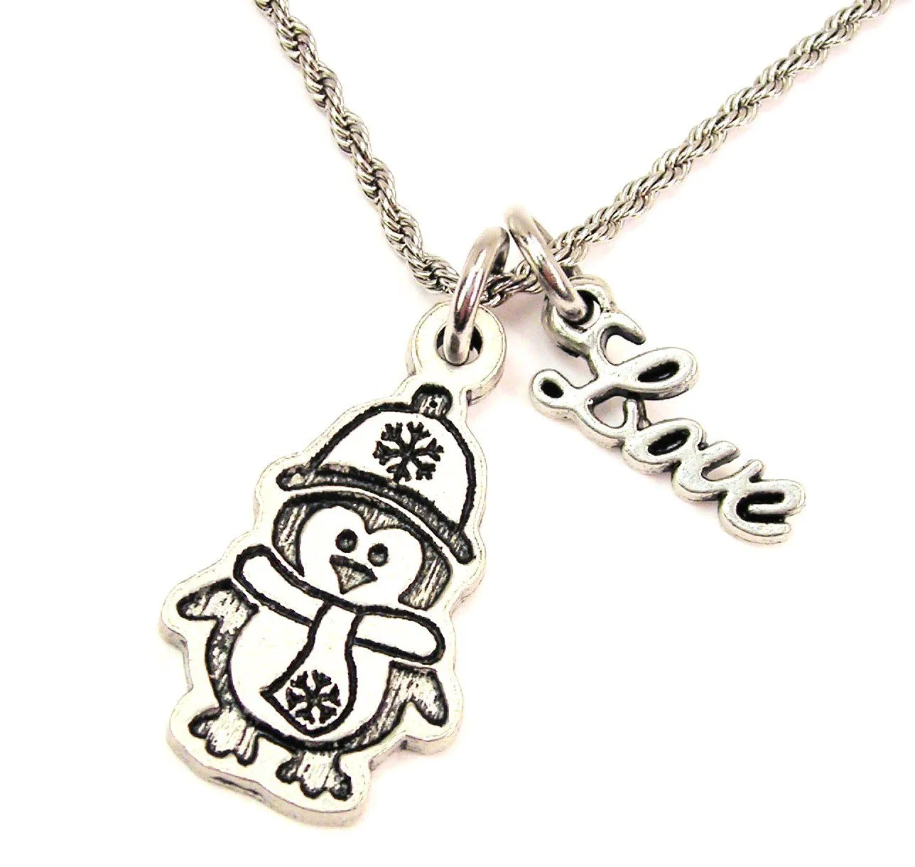 Bundled Up Penguin 20" Chain Necklace With Cursive Love Accent