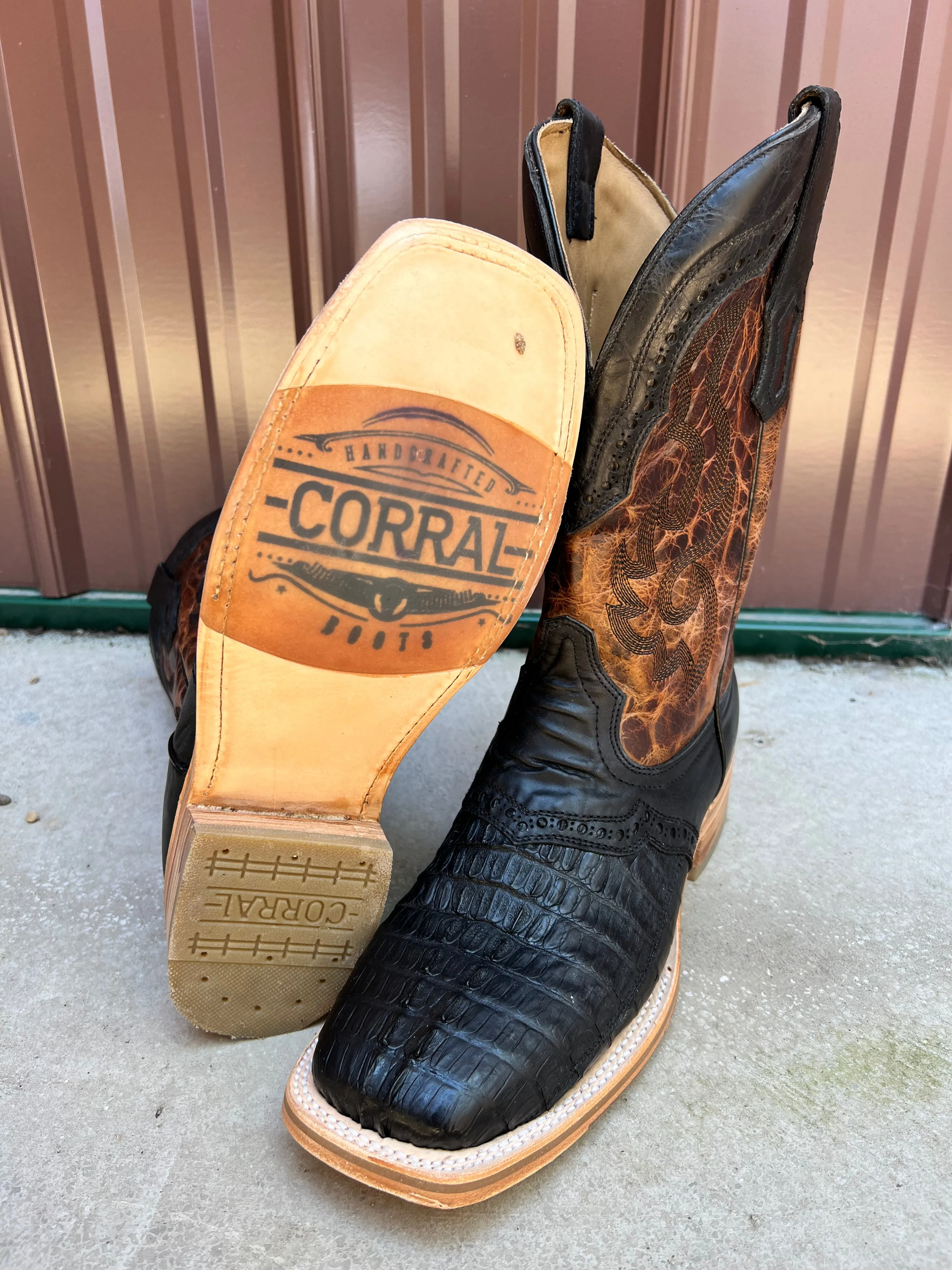 Corral Men's Black Caiman Overlay Wide Square Toe Cowboy Boots A4282