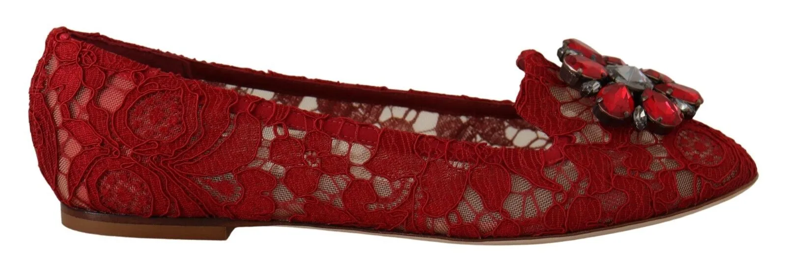 Dolce & Gabbana Red Lace Crystal Ballet Flats Loafers Shoes