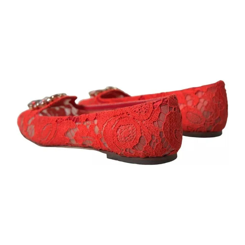 Dolce & Gabbana Red Lace Crystal Ballet Loafers Shoes