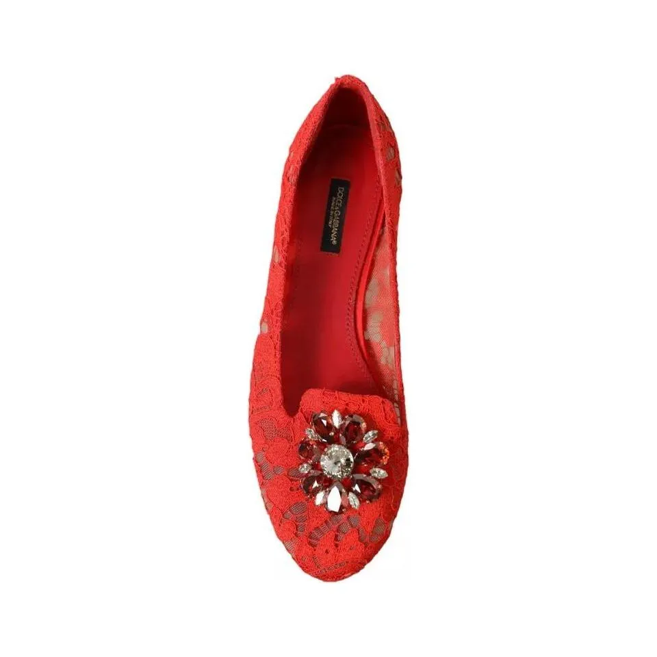 Dolce & Gabbana Red Lace Crystal Ballet Loafers Shoes