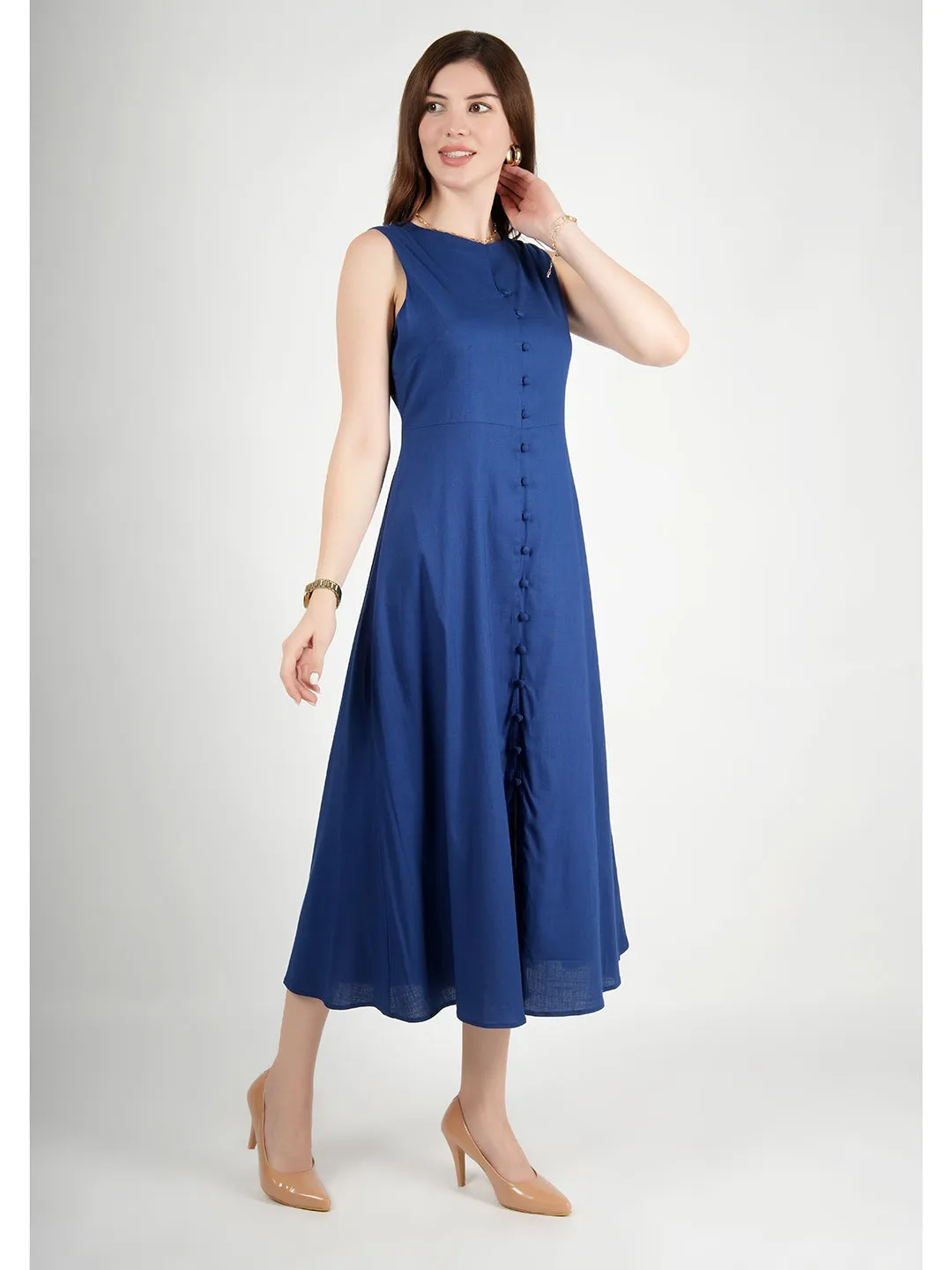 Exude Glowing Front Button Dress With Pockets (Royal Blue)