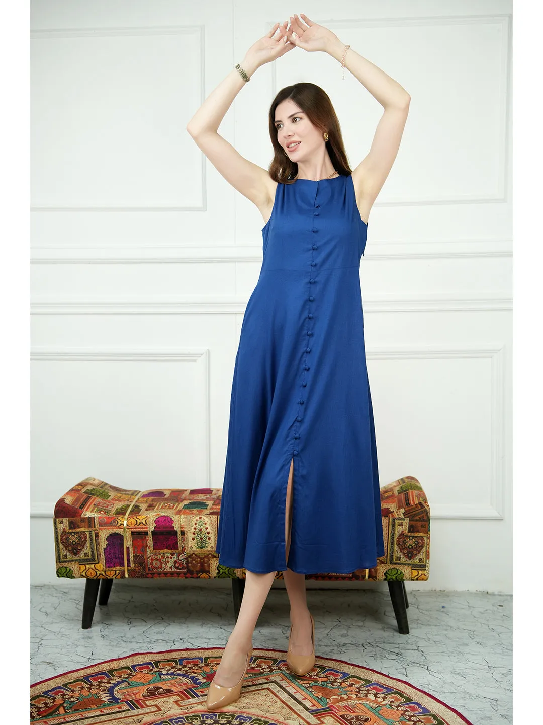 Exude Glowing Front Button Dress With Pockets (Royal Blue)