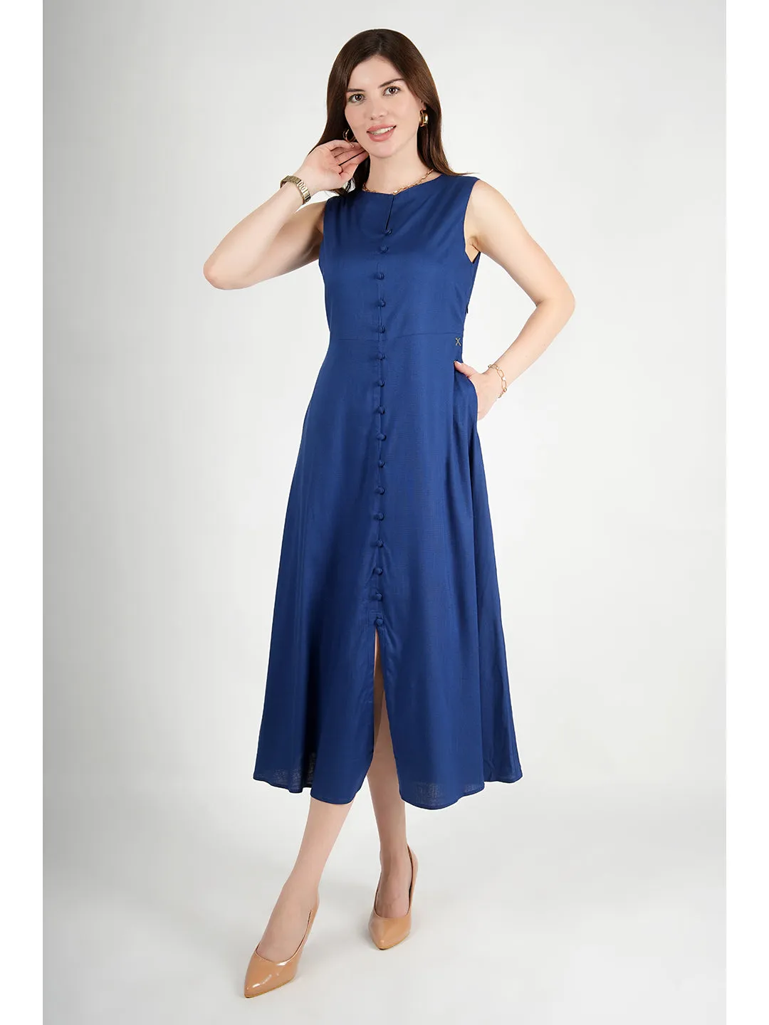 Exude Glowing Front Button Dress With Pockets (Royal Blue)