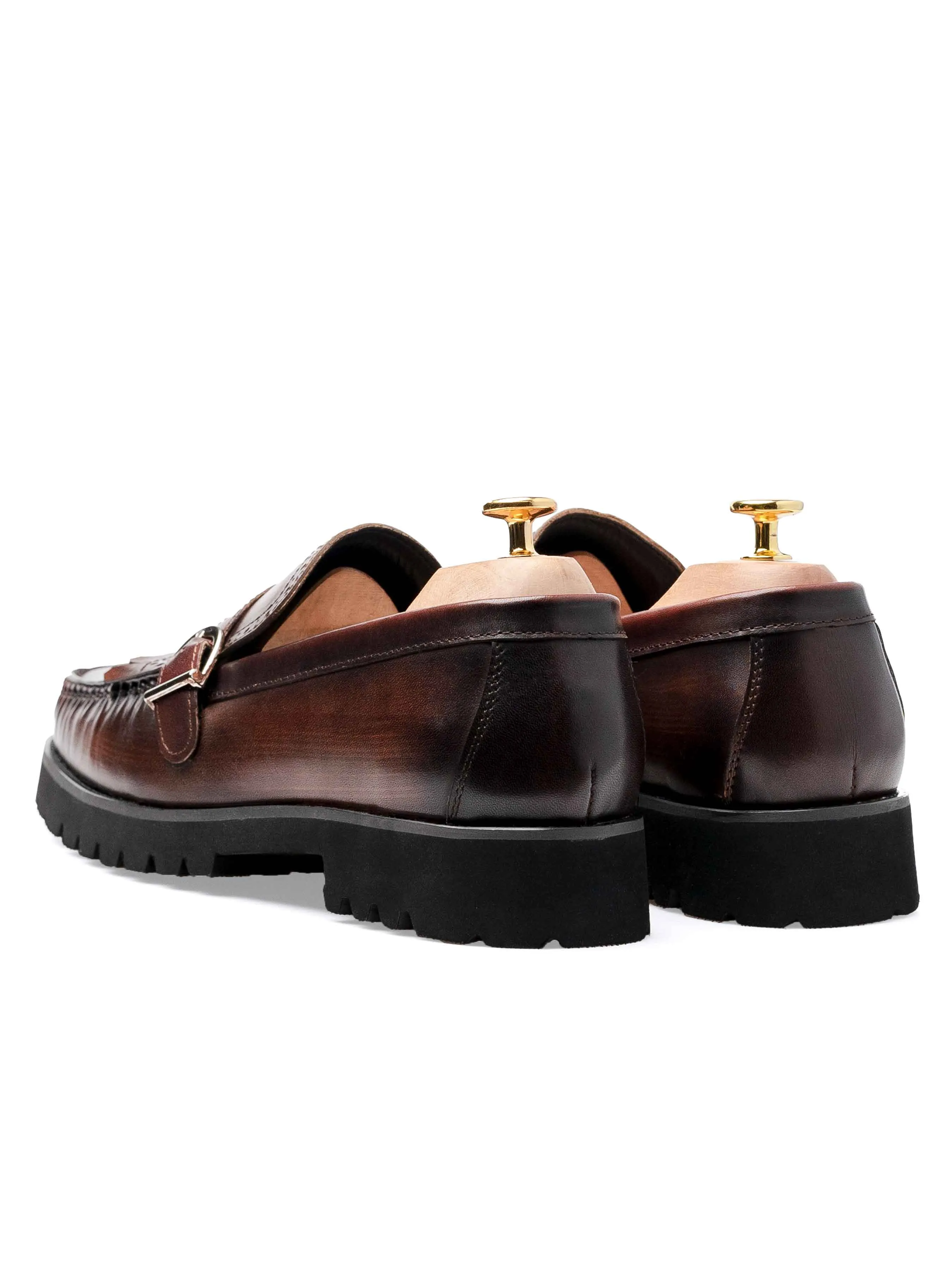 Fringe Buckle Loafer - Brown Hand Painted Patina Leather (Eva Combat)