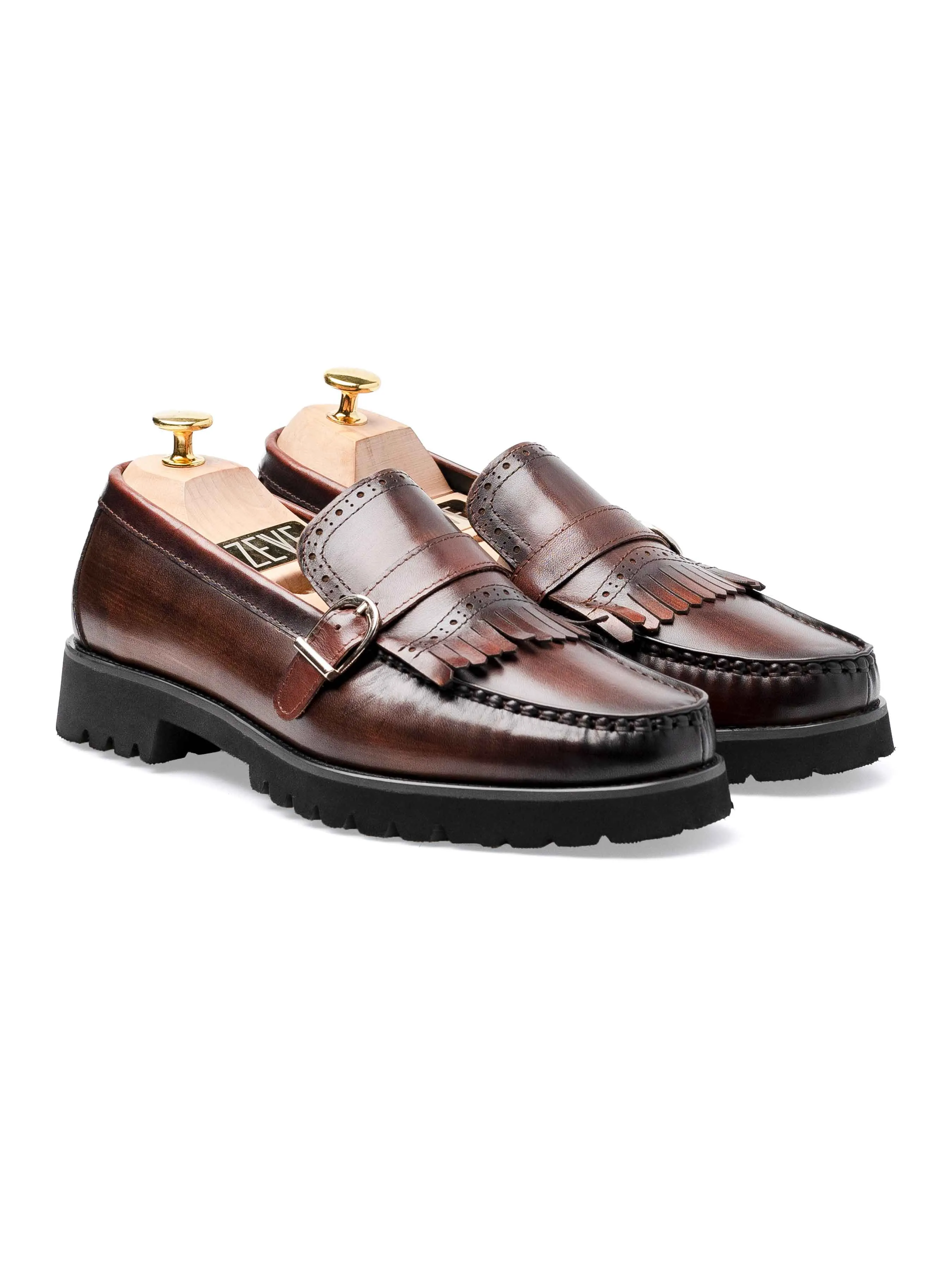 Fringe Buckle Loafer - Brown Hand Painted Patina Leather (Eva Combat)