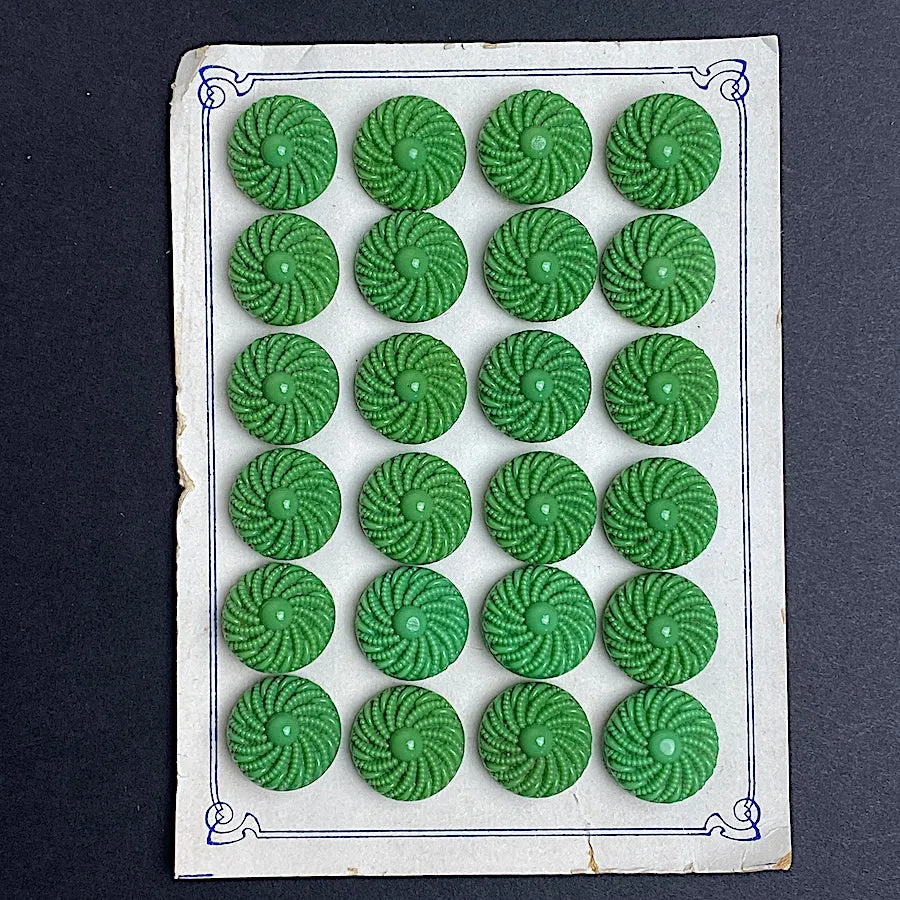 Green Vintage Glass 3/4" Buttons, European New Old Stock, Card of 24, #BK-914