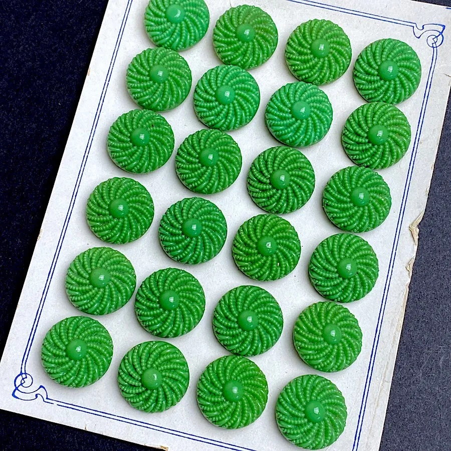 Green Vintage Glass 3/4" Buttons, European New Old Stock, Card of 24, #BK-914