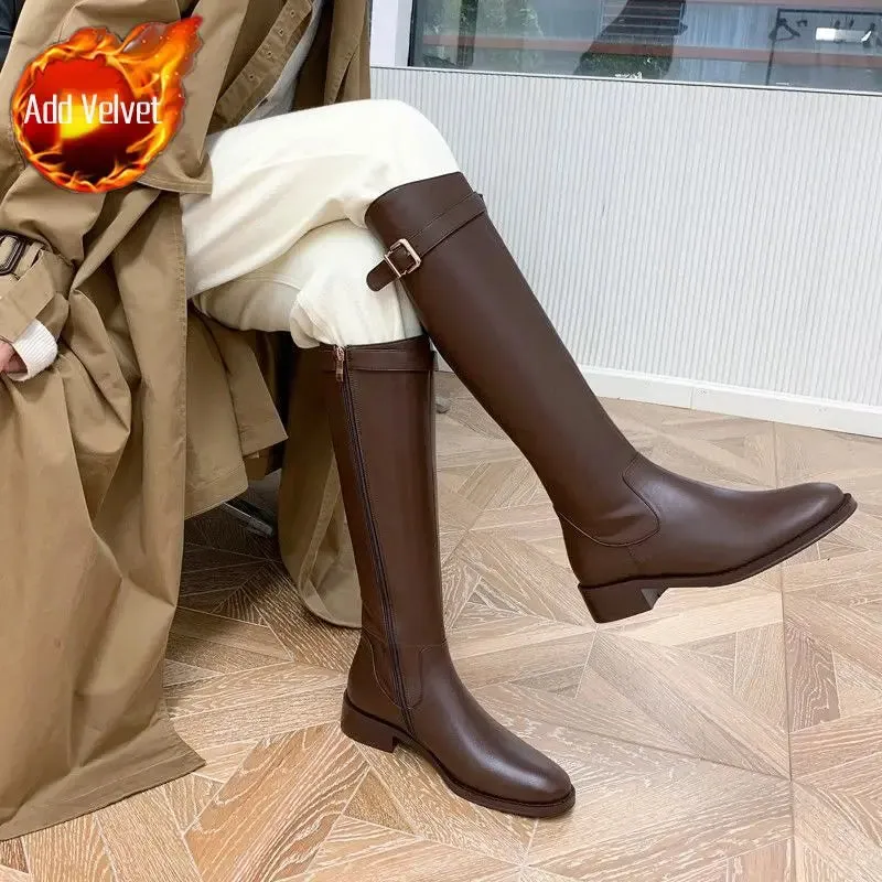 Hnzxzm Shoes for Woman Winter Knee High Shaft Footwear Leather Women's Boots Pointed Toe Long Brown Comfortable and Elegant Hot Quality