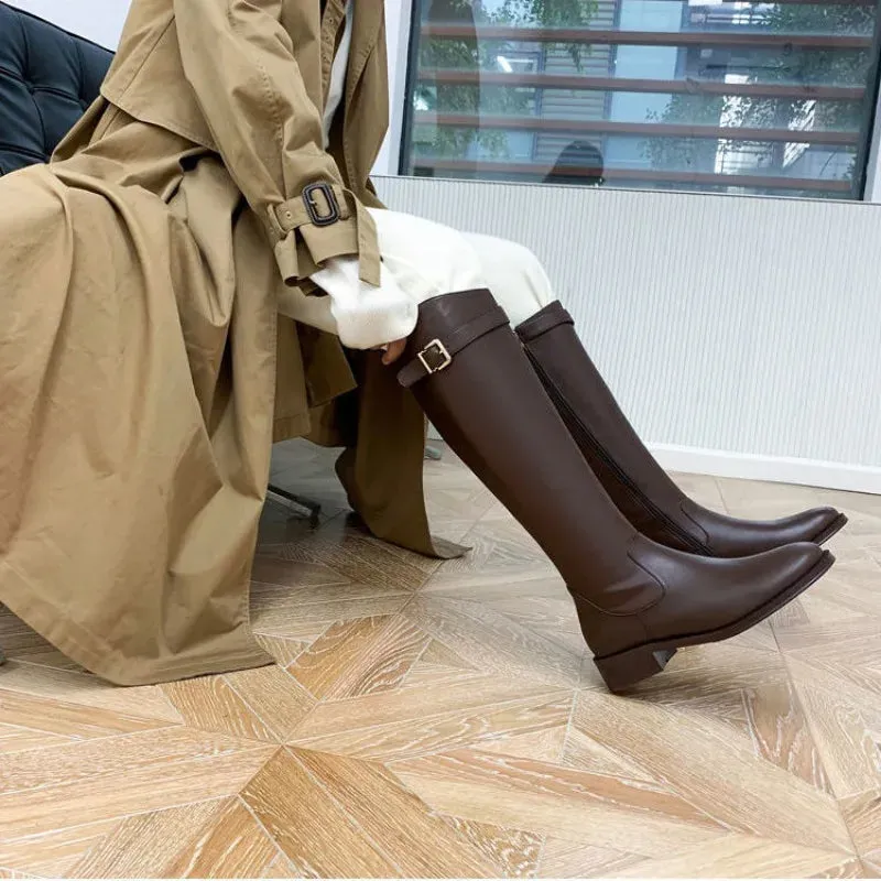 Hnzxzm Shoes for Woman Winter Knee High Shaft Footwear Leather Women's Boots Pointed Toe Long Brown Comfortable and Elegant Hot Quality