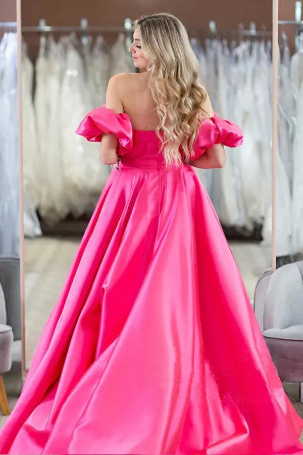 Hot Pink Puff Sleeves Off The Shoulder Simple Prom Evening Dresses  PSK407