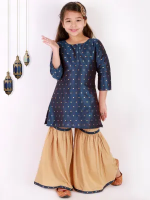 Jashvi Girls' Blue Zari Kurta And Rose Gold Sharara Set