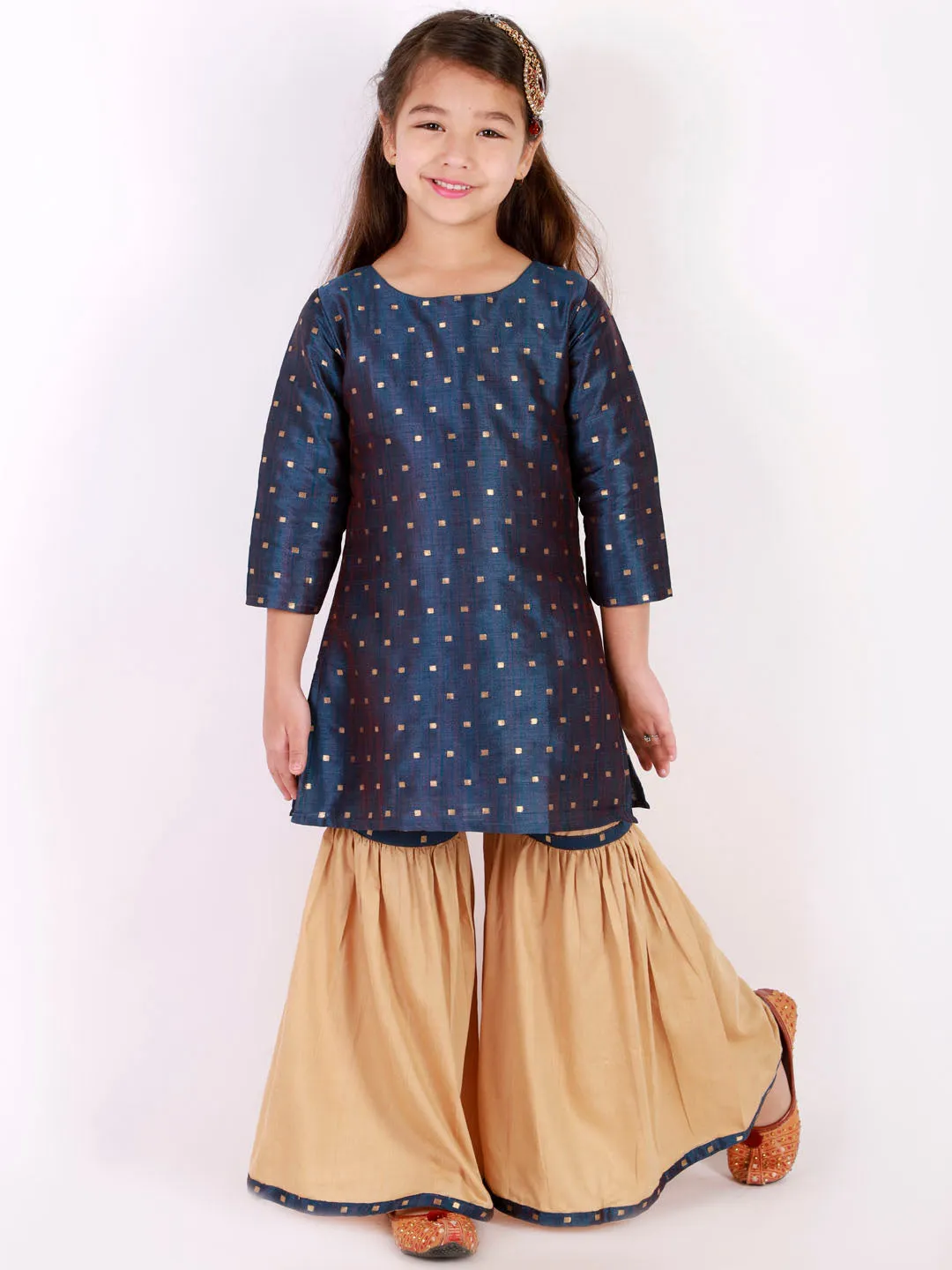 Jashvi Girls' Blue Zari Kurta And Rose Gold Sharara Set