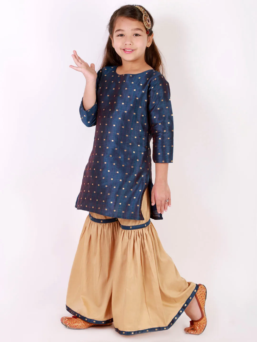 Jashvi Girls' Blue Zari Kurta And Rose Gold Sharara Set