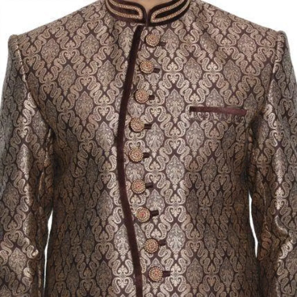 Jashvi Men's Brown Cotton Silk Blend Sherwani Set