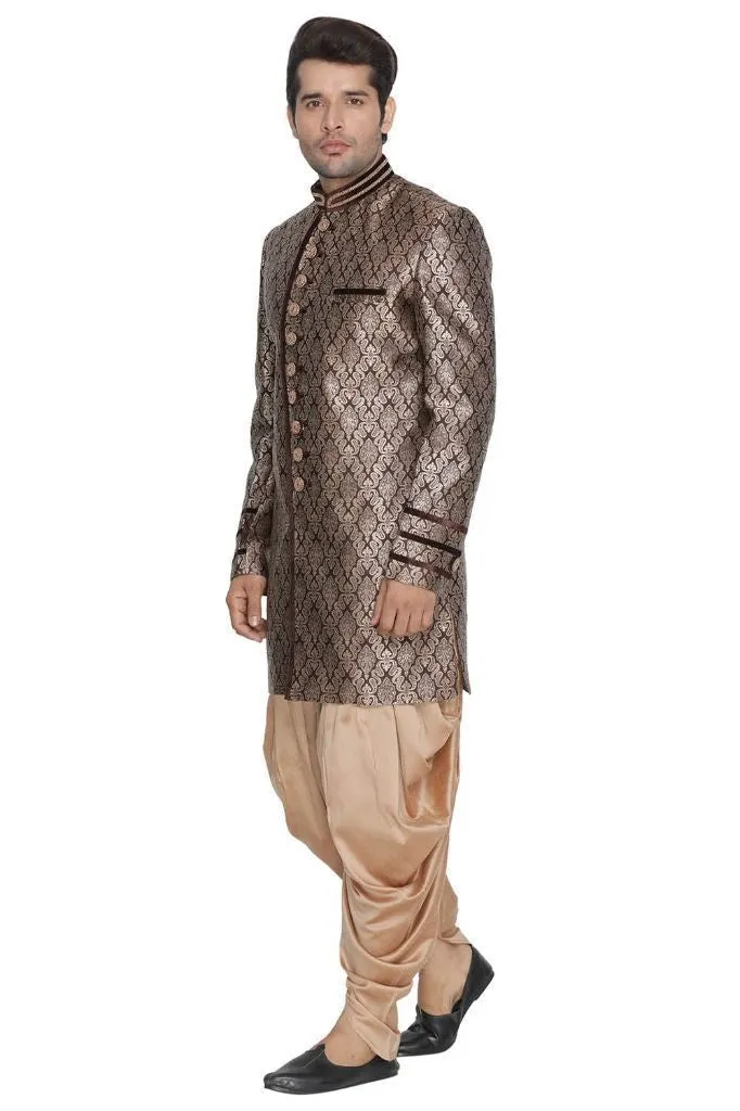 Jashvi Men's Brown Cotton Silk Blend Sherwani Set