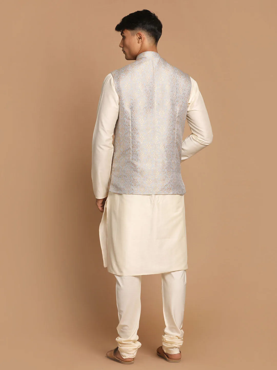 Jashvi Men's Grey Woven Jacket And Cream Solid Kurta With Pajama Set