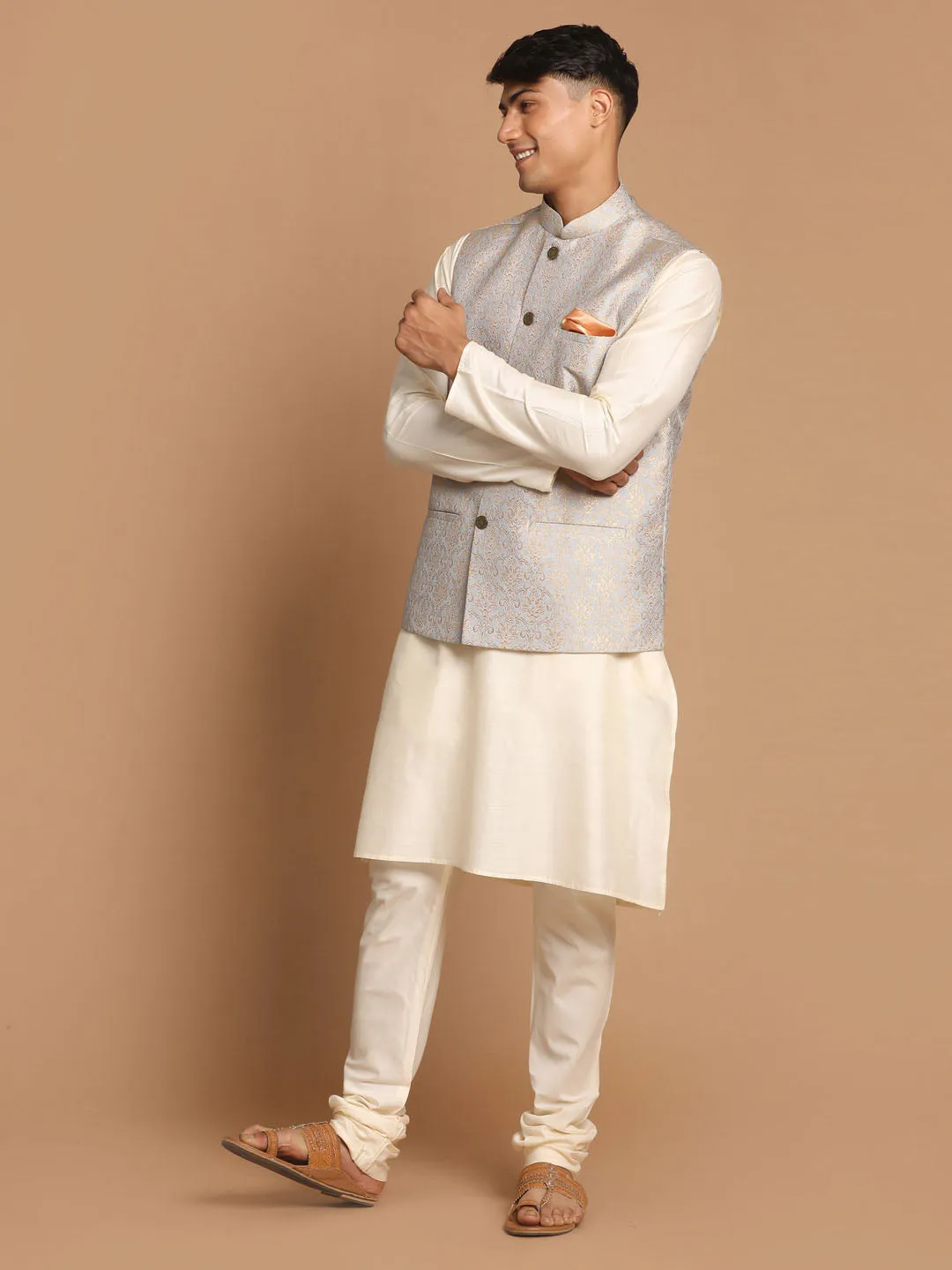 Jashvi Men's Grey Woven Jacket And Cream Solid Kurta With Pajama Set