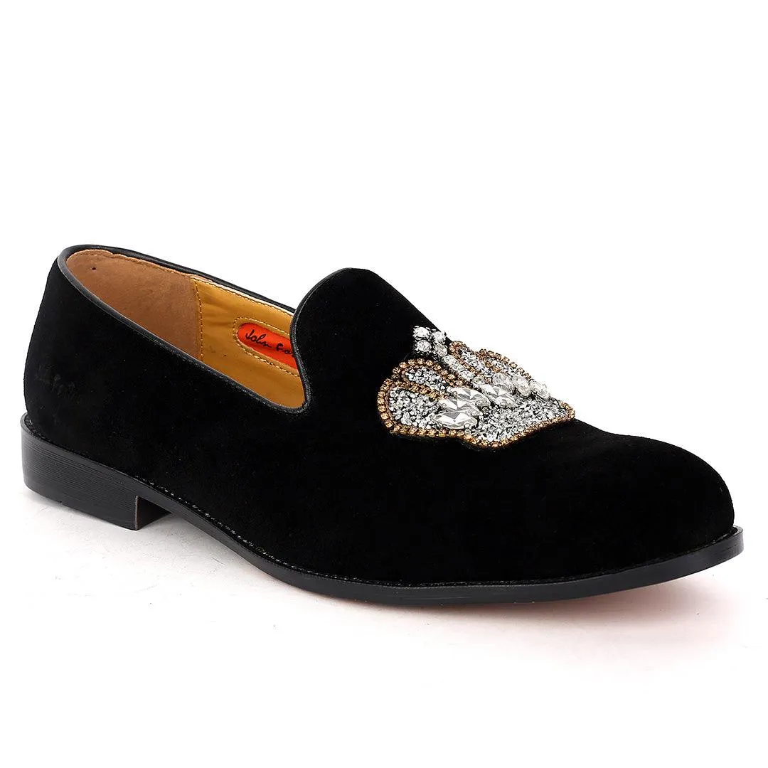 John Foster Classy Suede Leather With Stoned Royalty Crown Designed Shoe- Black