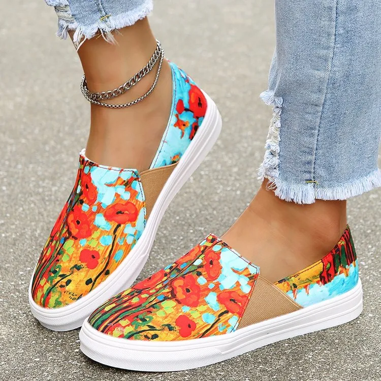 Joskaa Back To School Shoes For Women 2024 Autumn Fashion Printing Canvas Shoes Women Loafers Women Plus Size Casual Flat Shoes Zapatos Para Mujer