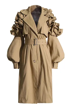 Khaki Notched Lapel Ruffled Long Trench Coat