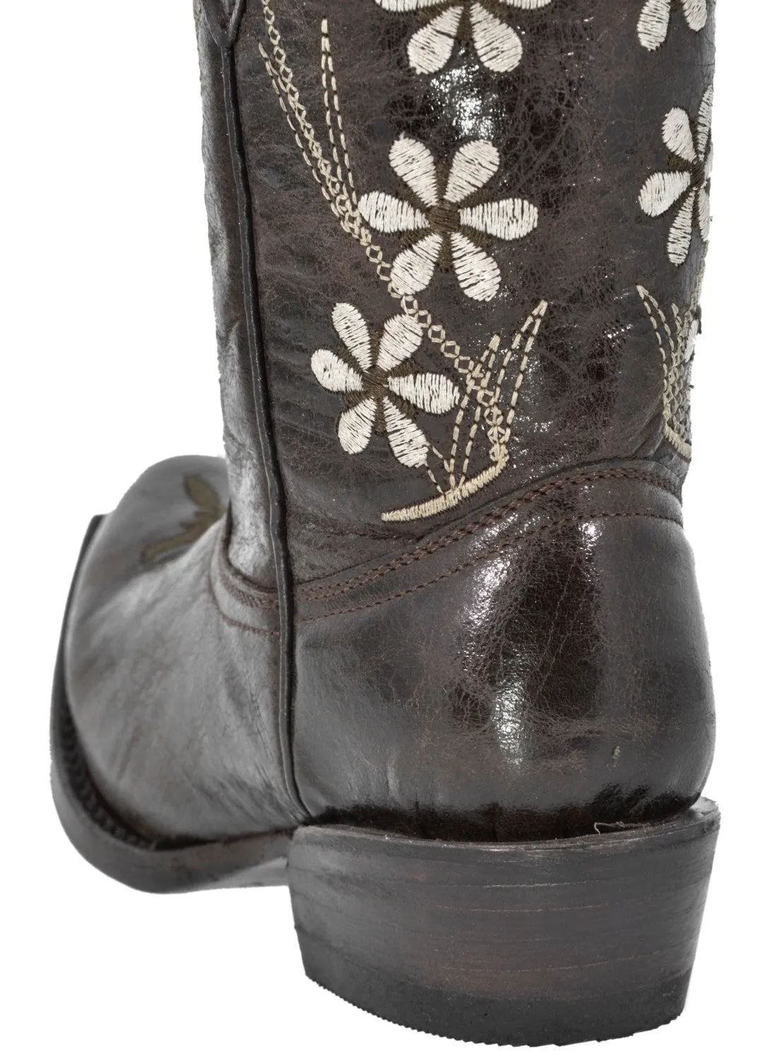 Kids FLWR Dark Brown Western Cowboy Boots Floral Leather - Snip Toe