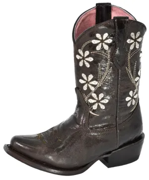 Kids FLWR Dark Brown Western Cowboy Boots Floral Leather - Snip Toe