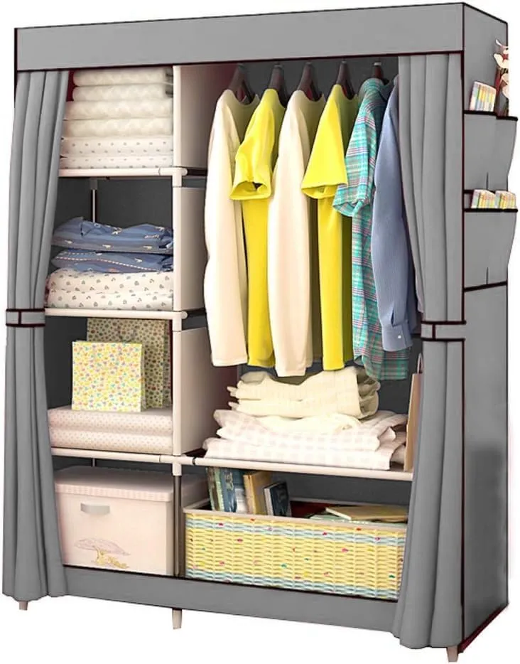 Kuber Industries Foldable Wardrobe for Clothes|Non Woven 2 Door Portable Clothes Rack|4 Shelves Almirah for Clothes-Pack of 2 (Grey)