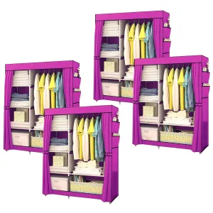 Kuber Industries Foldable Wardrobe for Clothes|Non Woven 2 Door Portable Clothes Rack|4 Shelves Almirah for Clothes-Pack of 4 (Purple)