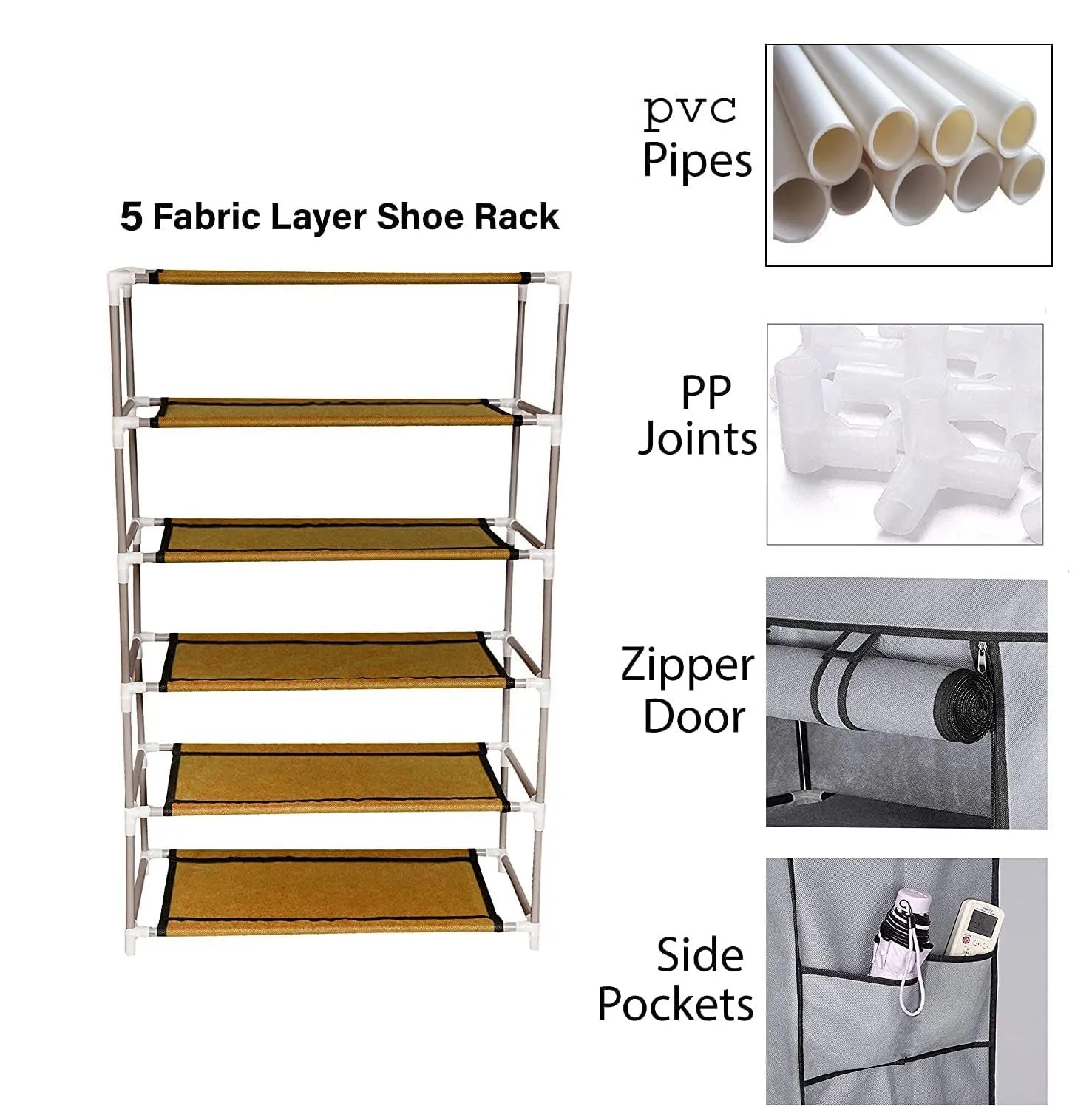 Kuber Industries Shoe Rack|Non-Woven 5 Shelves Shelf|Foldable Storage Rack Organizer for Shoe, Books-Pack of 3(Black)