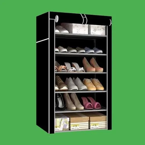 Kuber Industries Shoe Rack|Non-Woven 6 Shelves Shelf|Foldable Storage Rack Organizer for Shoe, Books-Pack of 4 (Black)