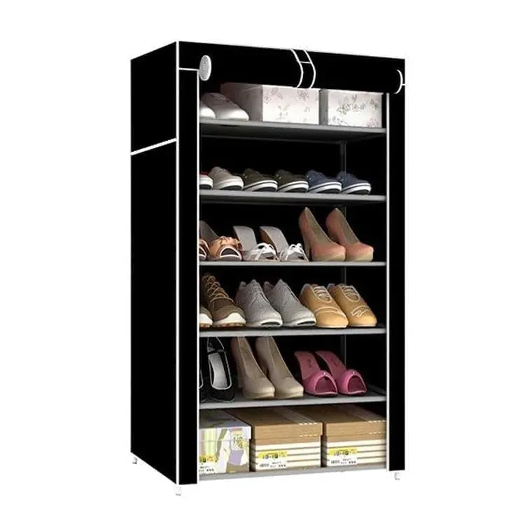 Kuber Industries Shoe Rack|Non-Woven 6 Shelves Shelf|Foldable Storage Rack Organizer for Shoe, Books-Pack of 4 (Black)