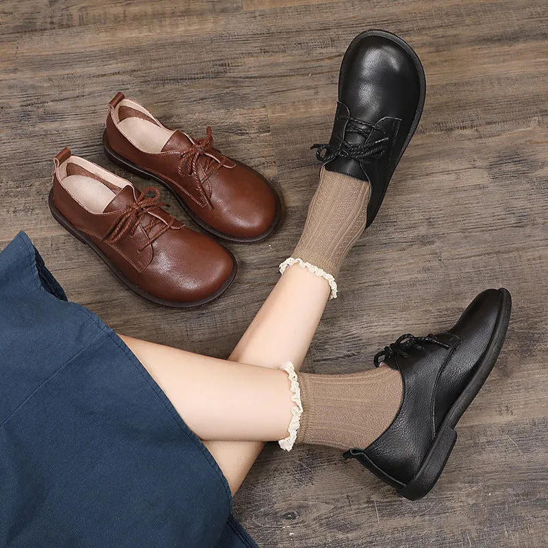 Leather Casual Loafers Lace Up Flats Shoes For Women