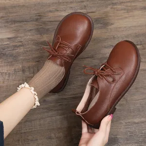 Leather Casual Loafers Lace Up Flats Shoes For Women