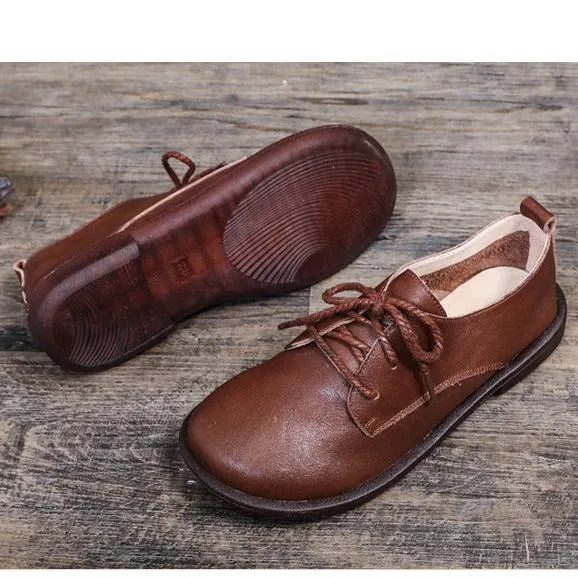 Leather Casual Loafers Lace Up Flats Shoes For Women