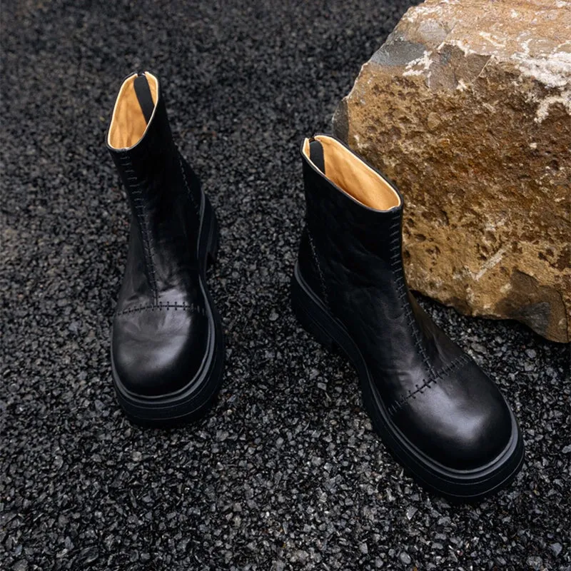 Leather Chunky Martin Boots With Stitching Back Zip Ankle Boots in Coffee/Black