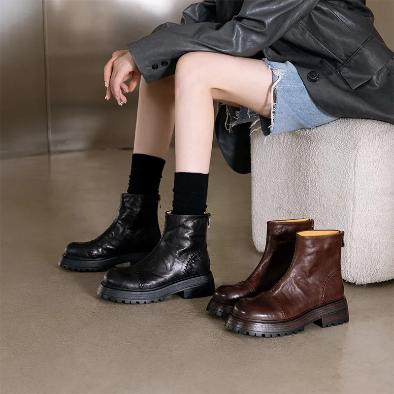 Leather Chunky Martin Boots With Stitching Back Zip Ankle Boots in Coffee/Black