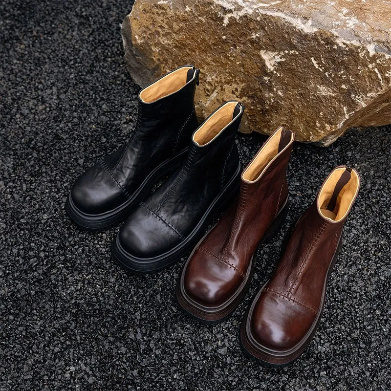 Leather Chunky Martin Boots With Stitching Back Zip Ankle Boots in Coffee/Black