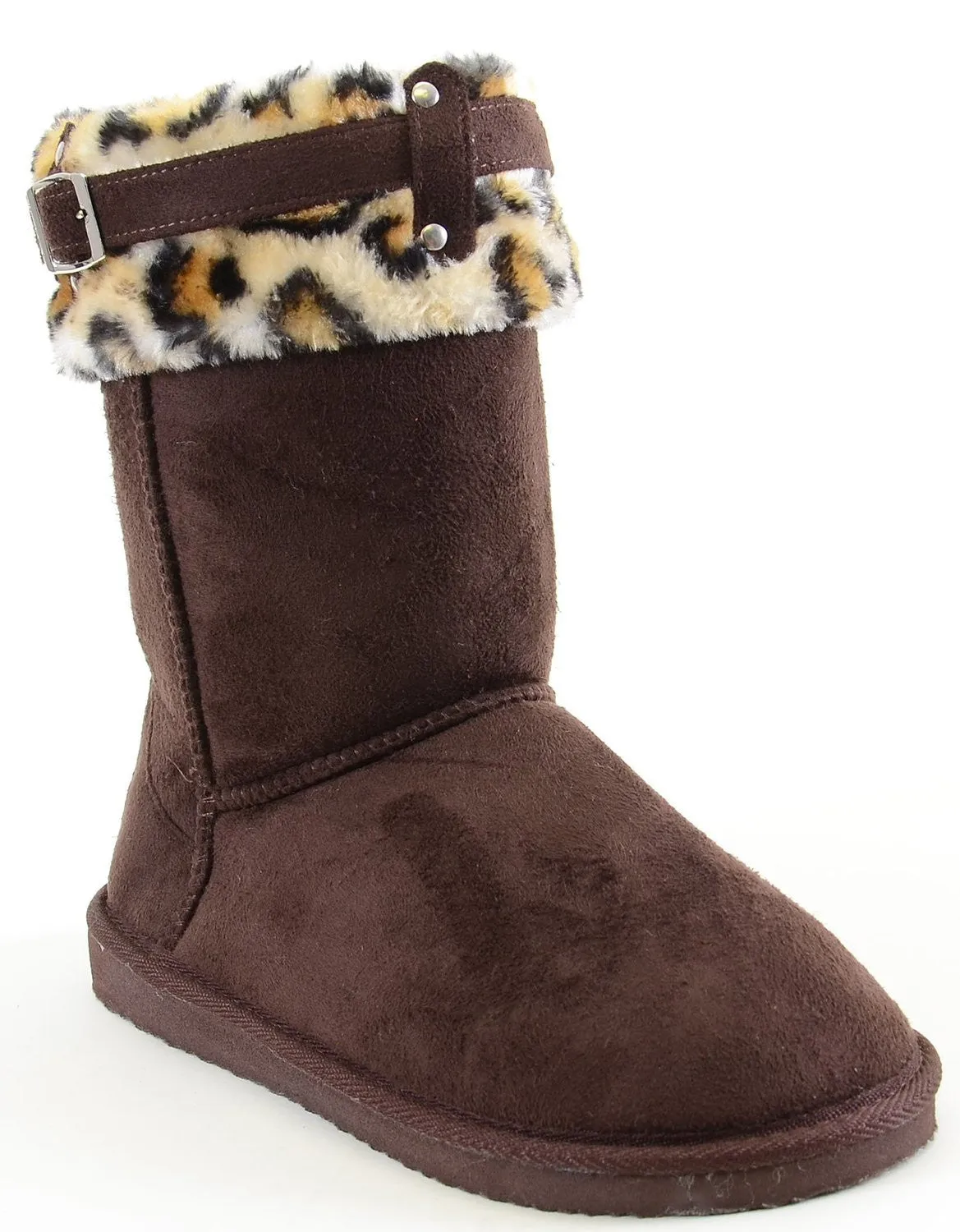 Leopard Cuff Furry Buckle Vegan Suede Flat Warm Women's Boots