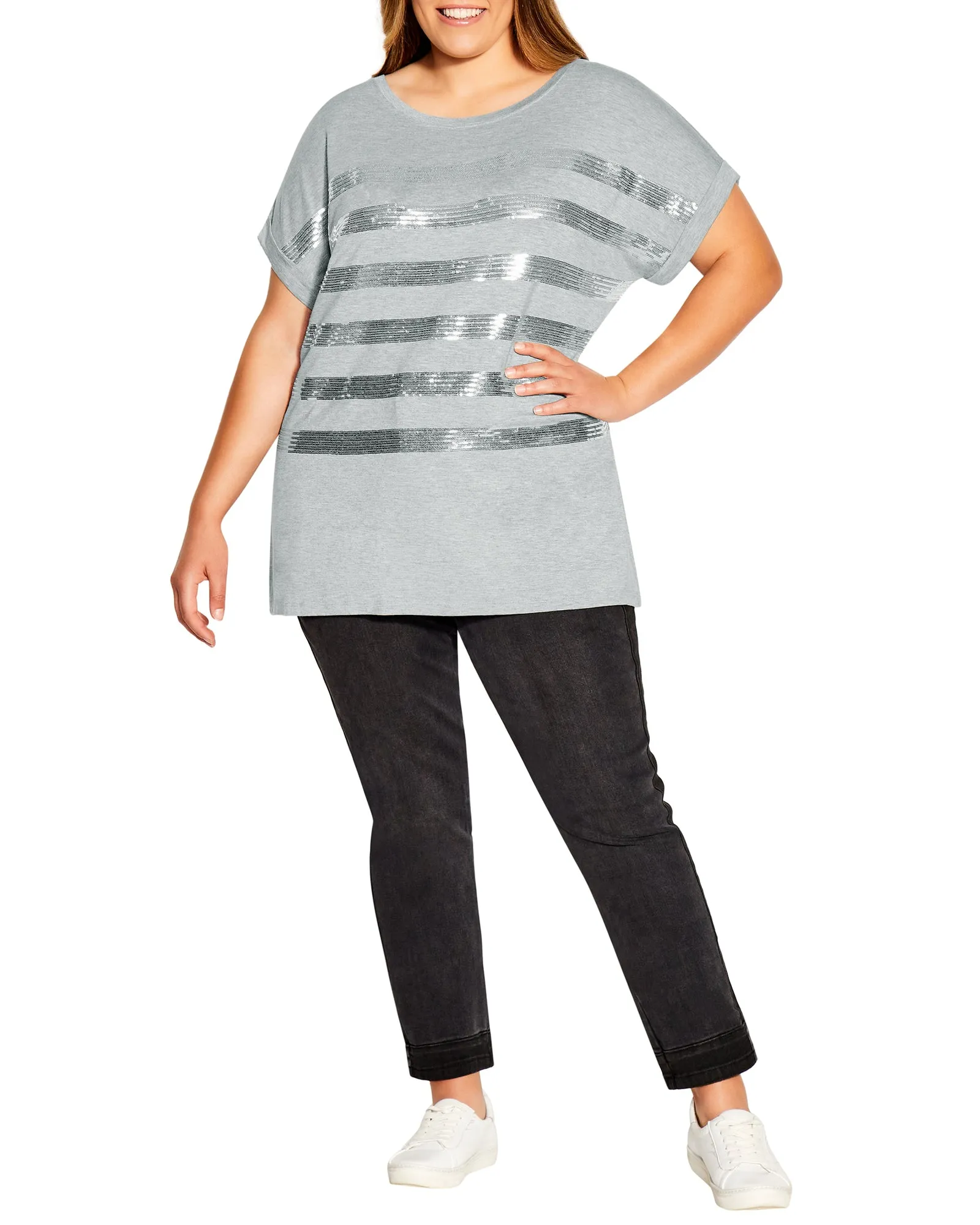 Maddie Sequin Striped Top | Light Grey / Silver