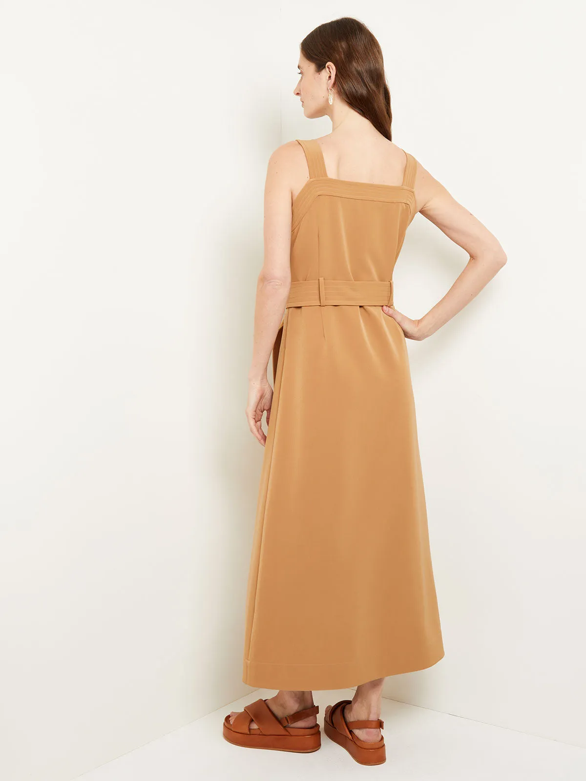 Maxi A-Line Dress - Belted Square Neck Stretch Woven